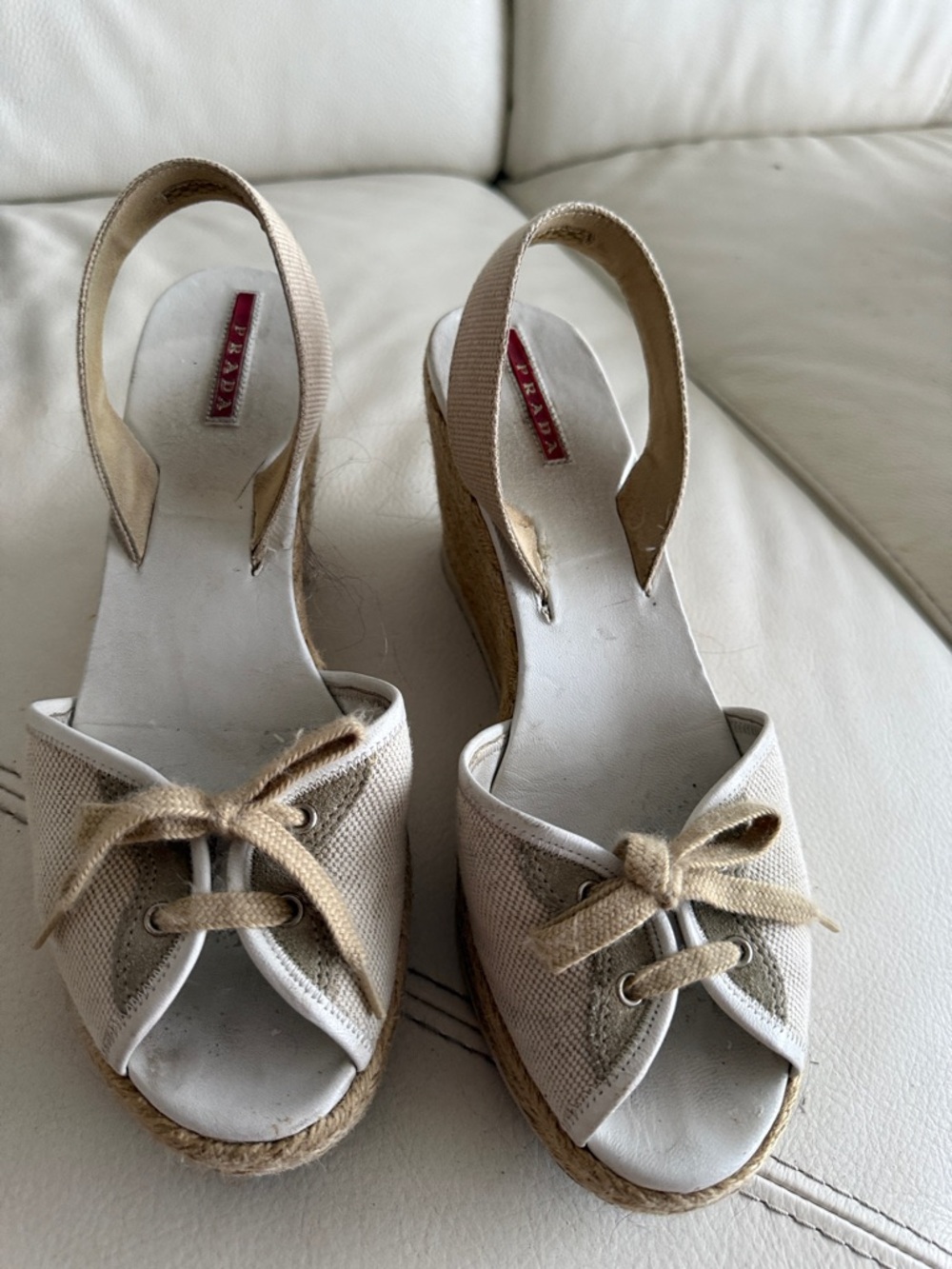 Prada Neutral Beige Canvas Wedge Espadrilles